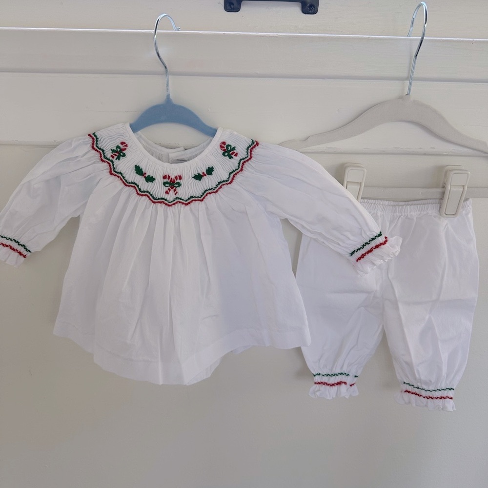 White Holiday Baby Outfit with Xmas Embroidered Details